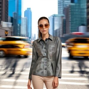 Women Jacket CHICOS Pewter Metallic Lined Blazer Button Front Long Sleeve Jacket